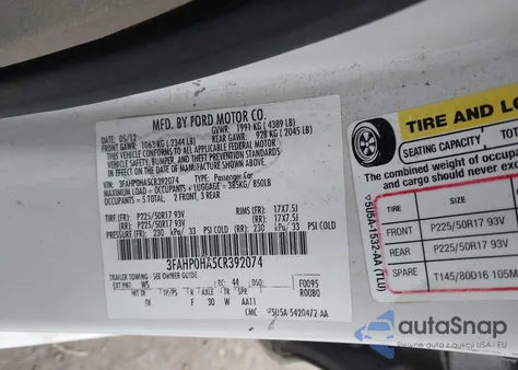 2012 Ford Fusion Se z USA, uszkodzony, nr VIN 3FAHP0HA5CR392074